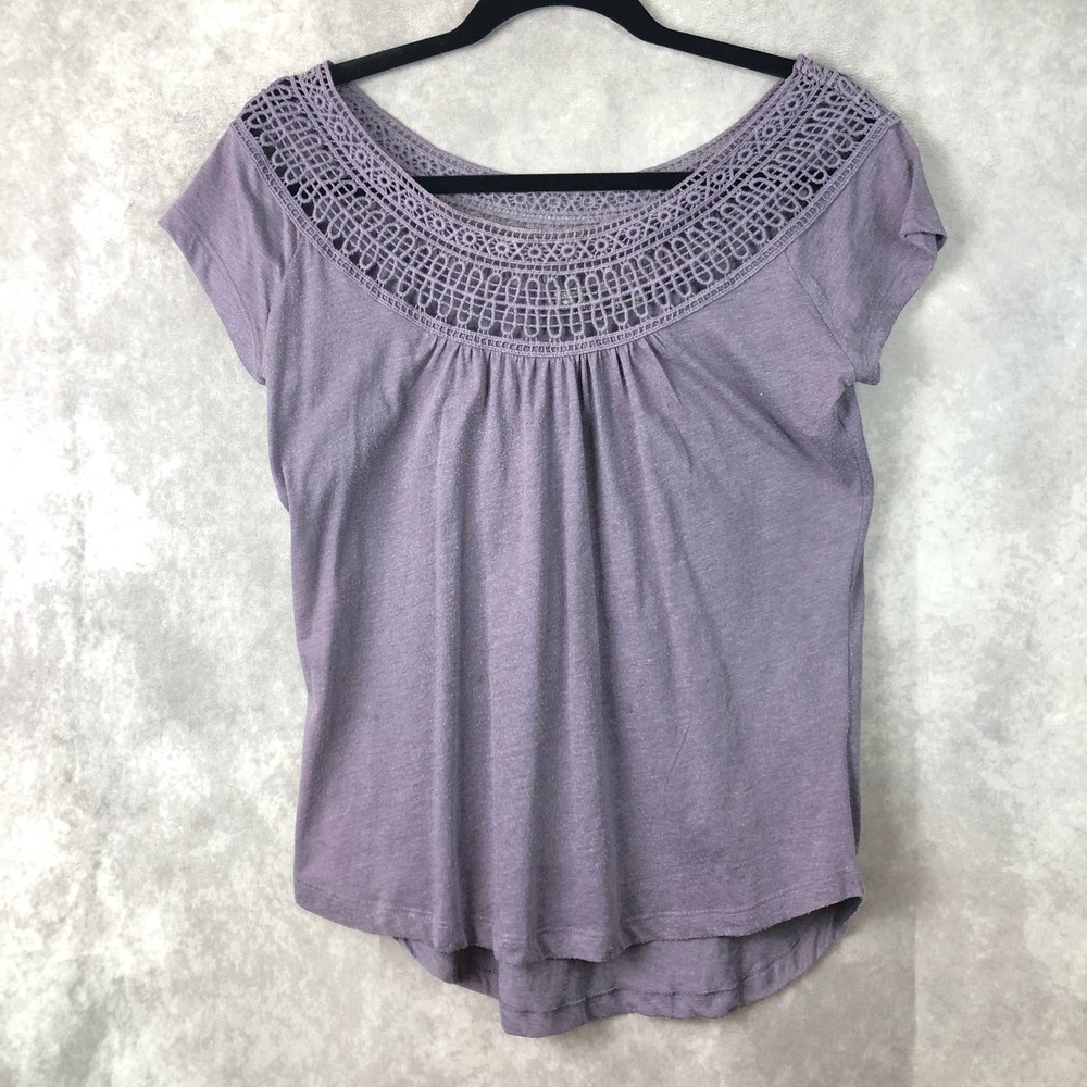 Prana Nelly Shirt Women Small Purple Mountain‎ Tee Crochet Neckline Short Sleeve